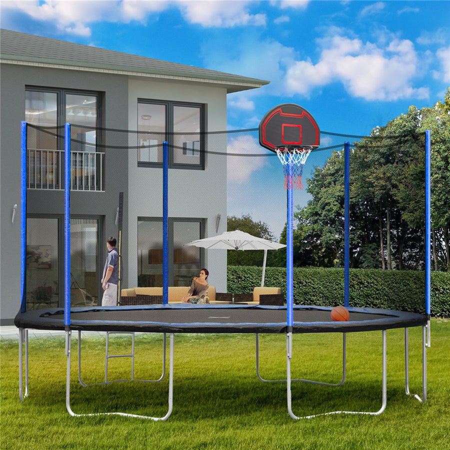 Trampoline with Enclosure on Clearance, New Upgraded 14-Feet Kids Outdoor Trampoline with Basketball Hoop and Ladder, Heavy-Duty Round Trampoline for Indoor or Outdoor Backyard, Blue, Holds 264lbs, L
