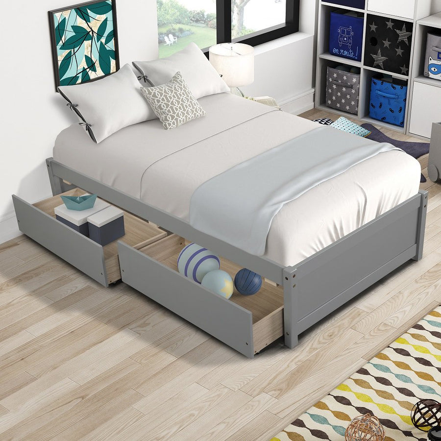 Wood Platform Bed Frame with Storage, Twin Size Bed Frame for Girls Boys, SEGMART Classic Twin Bed Frame with Drawers/Wood Slat Support, Kids Twin Bed Frame No Box Spring Needed, Grey, H696
