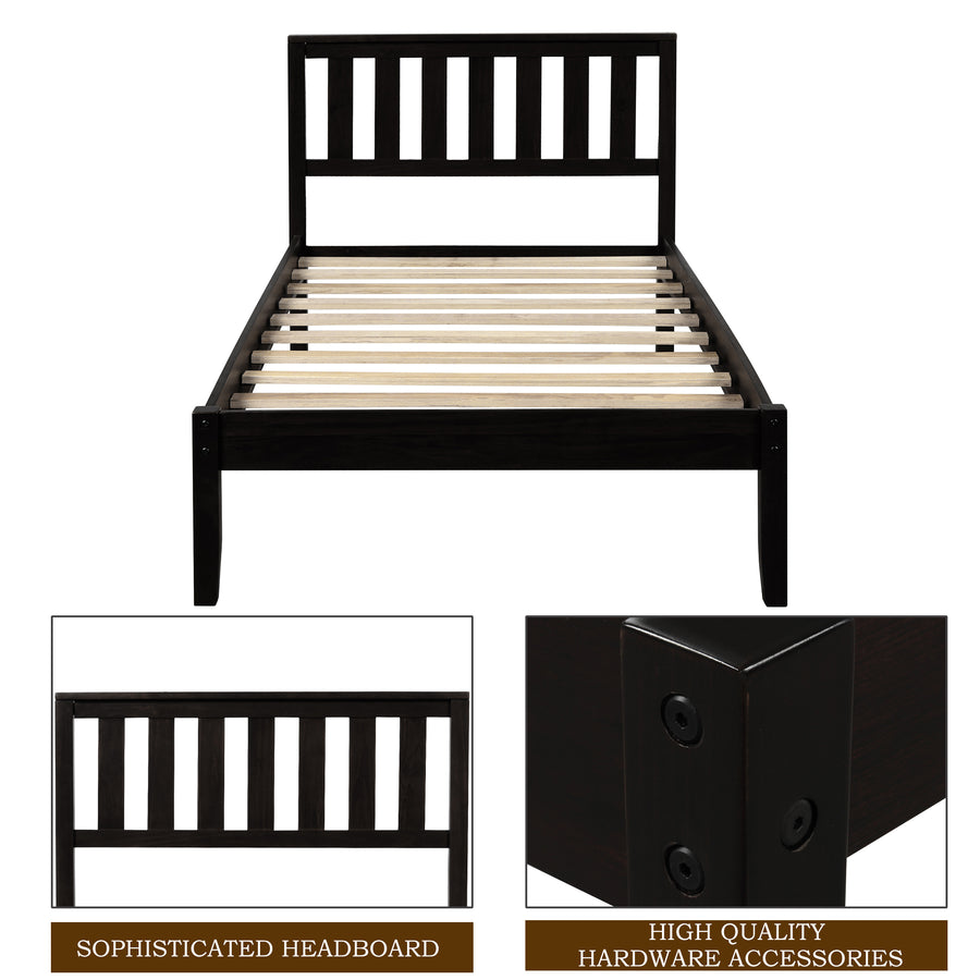 win Bed Frame No Box Spring Needed, Espresso Twin Platform Bed Frame with Headboard, Modern Wood Twin Bed Frame Bedroom Furniture with Wood Slats for Kids Adults Teens, LLL4052