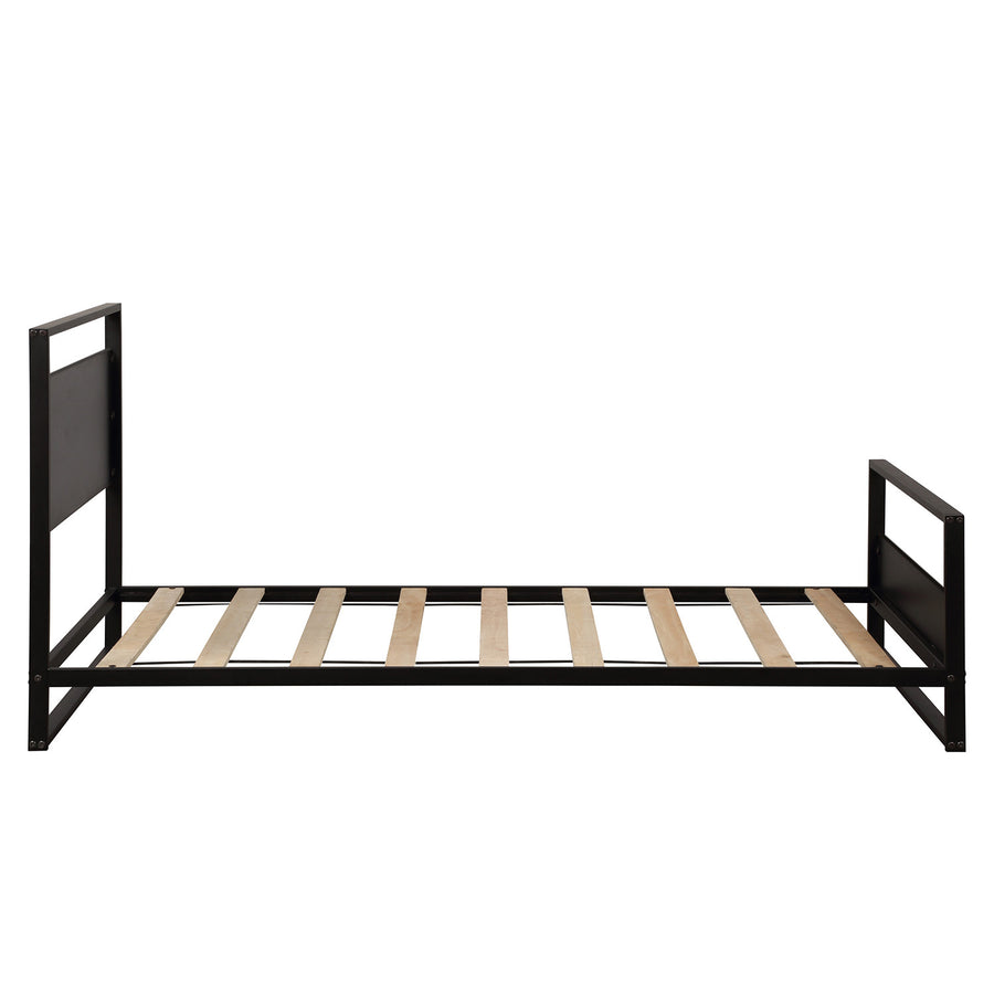 Twin Size Metal and Wood Platform Bed, Metal Bed Frame with Headboard, Platform Bed Frame w/Footboard, Full Bed Foundation w/9 Bed Slats, Noise-Free, No Box Spring Needed, Easy assembly, 300lbs, S0007