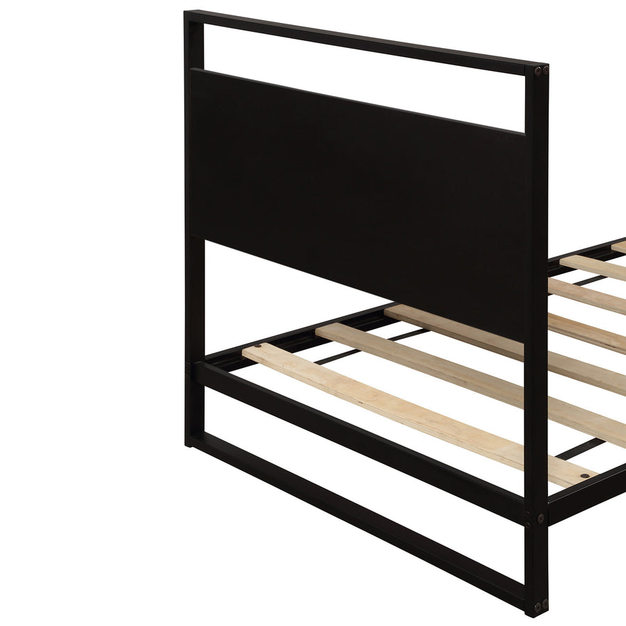 Twin Size Metal and Wood Platform Bed, Metal Bed Frame with Headboard, Platform Bed Frame w/Footboard, Full Bed Foundation w/9 Bed Slats, Noise-Free, No Box Spring Needed, Easy assembly, 300lbs, S0007
