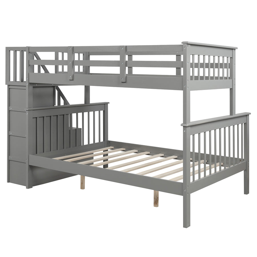 SEGMART Wood Bunk Beds for Kids, 76.97'' x 51.57'' Solid Wood Twin-Over-Full Kids Bed, Sturdy Wood Twin-Over-Full Bunk Beds w/ 4 Storage Shelves, 4-Step Ladder, Full-Length Guardrails, 250lbs, SS665