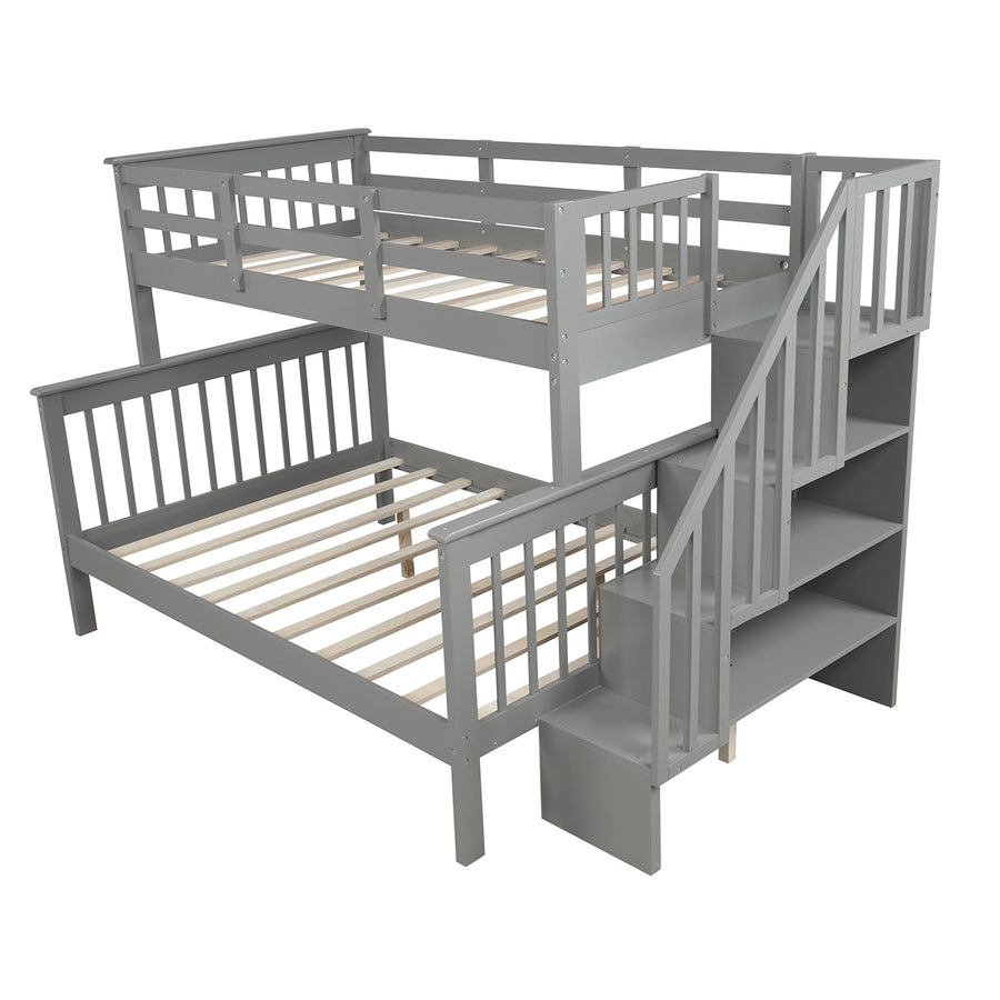 SEGMART Wood Bunk Beds for Kids, 76.97'' x 51.57'' Solid Wood Twin-Over-Full Kids Bed, Sturdy Wood Twin-Over-Full Bunk Beds w/ 4 Storage Shelves, 4-Step Ladder, Full-Length Guardrails, 250lbs, SS665