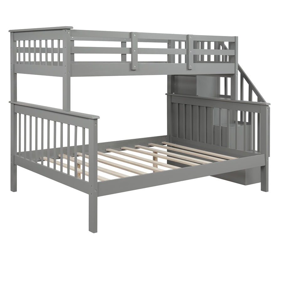 SEGMART Wood Bunk Beds for Kids, 76.97'' x 51.57'' Solid Wood Twin-Over-Full Kids Bed, Sturdy Wood Twin-Over-Full Bunk Beds w/ 4 Storage Shelves, 4-Step Ladder, Full-Length Guardrails, 250lbs, SS665