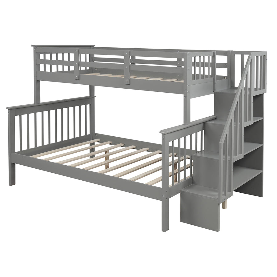 SEGMART Wood Bunk Beds for Kids, 76.97'' x 51.57'' Solid Wood Twin-Over-Full Kids Bed, Sturdy Wood Twin-Over-Full Bunk Beds w/ 4 Storage Shelves, 4-Step Ladder, Full-Length Guardrails, 250lbs, SS665