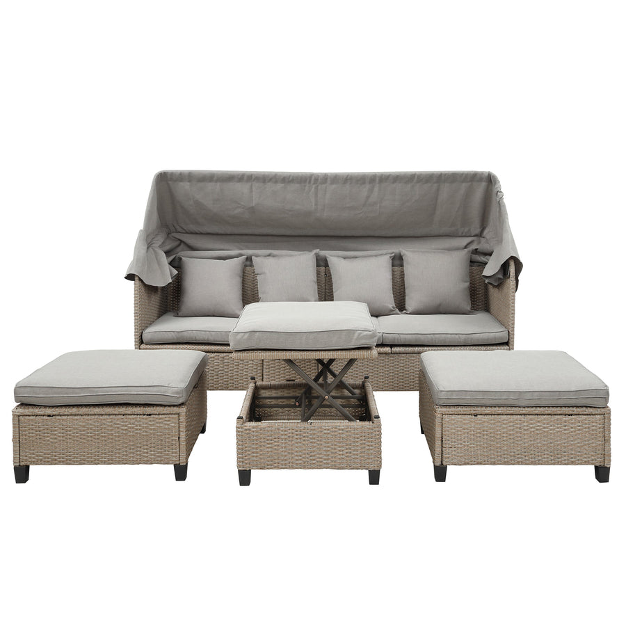 SEGMART 4-Piece Outdoor Conversation Set, Outdoor PE Rattan Patio Daybed, Sofa Set with Retractable Canopy, Cushions and Lifting Table, Patio Bed Furniture for Garden, Poolside, Deck, Backyard, K4033