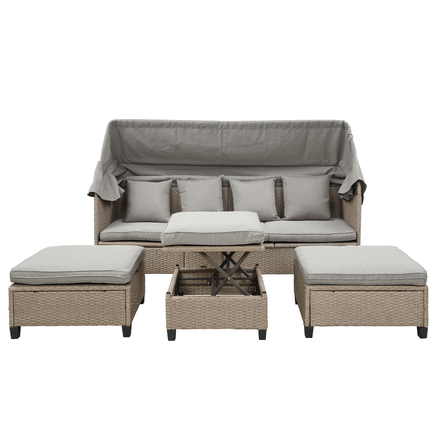 4 Piece Outdoor Daybed, PE Rattan Patio Daybed, Patio Sofa Set with Retractable Canopy, Cushions and Lifting Table, Patio Bed Furniture for Garden, Backyard, Patio, Pool, Deck, Brown, K4028