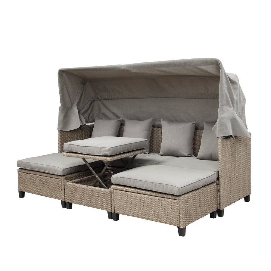 SEGMART 4-Piece Outdoor Conversation Set, Outdoor PE Rattan Patio Daybed, Sofa Set with Retractable Canopy, Cushions and Lifting Table, Patio Bed Furniture for Garden, Poolside, Deck, Backyard, K4033