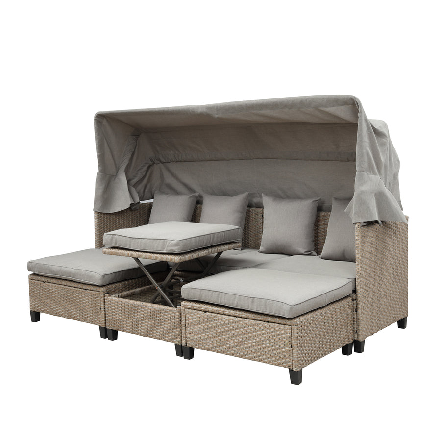 4 Piece Outdoor Daybed, PE Rattan Patio Daybed, Patio Sofa Set with Retractable Canopy, Cushions and Lifting Table, Patio Bed Furniture for Garden, Backyard, Patio, Pool, Deck, Brown, K4028