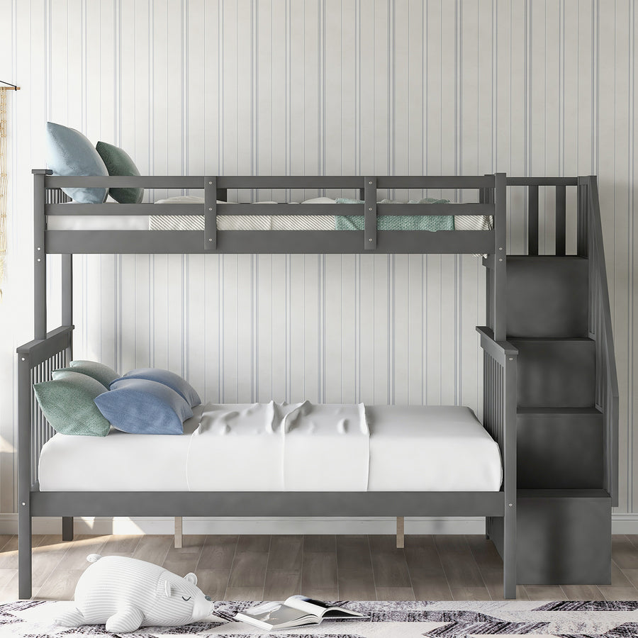 SEGMART Wood Bunk Beds for Kids, 76.97'' x 51.57'' Solid Wood Twin-Over-Full Kids Bed, Sturdy Wood Twin-Over-Full Bunk Beds w/ 4 Storage Shelves, 4-Step Ladder, Full-Length Guardrails, 250lbs, SS665