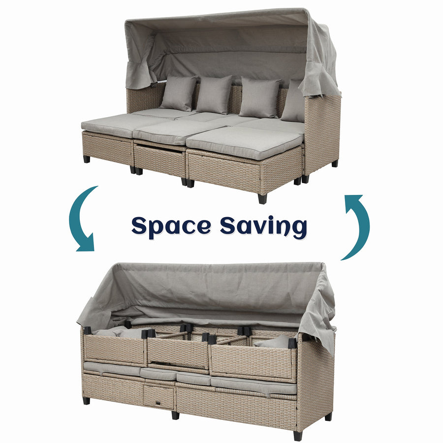 SEGMART 4-Piece Outdoor Conversation Set, Outdoor PE Rattan Patio Daybed, Sofa Set with Retractable Canopy, Cushions and Lifting Table, Patio Bed Furniture for Garden, Poolside, Deck, Backyard, K4033