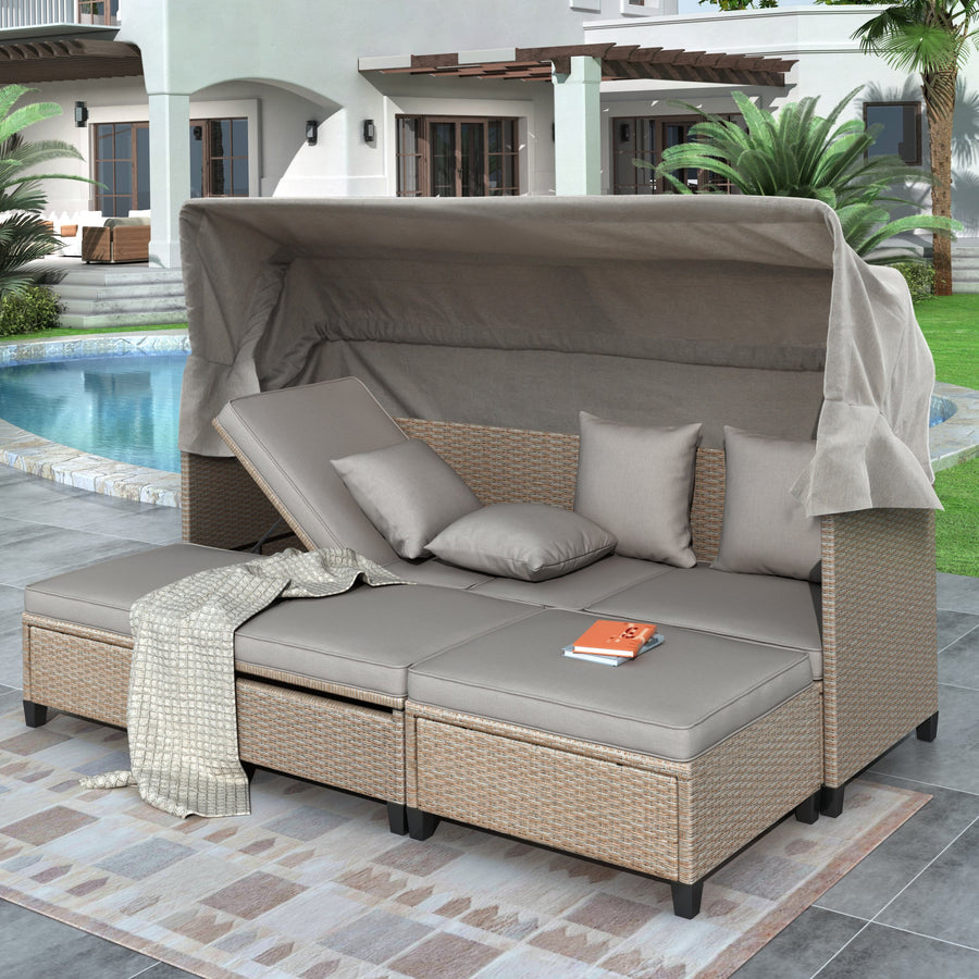 SEGMART 4-Piece Outdoor Conversation Set, Outdoor PE Rattan Patio Daybed, Sofa Set with Retractable Canopy, Cushions and Lifting Table, Patio Bed Furniture for Garden, Poolside, Deck, Backyard, K4033