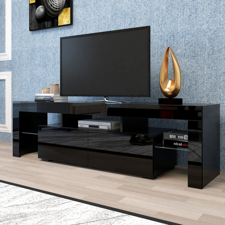 Segmart TV Stand for 70 inch TVs, Modern Black LED TV Stand with 16 Colors Light, TV Media Console High Gloss Entertainment Center with 2 Drawers and Open Shelves, Black, S9800