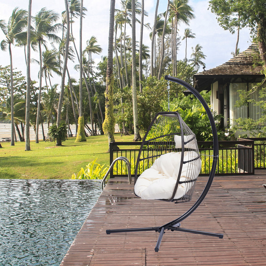 SEGMART Outdoor Hanging Egg Chair with Stand, Wicker Hanging Swing Chair with Steel Frame and UV Resistant Cushion, Hammock Basket Egg Chair, 250lbs Capacity for Indoor Outdoor Yard Balcony Patio