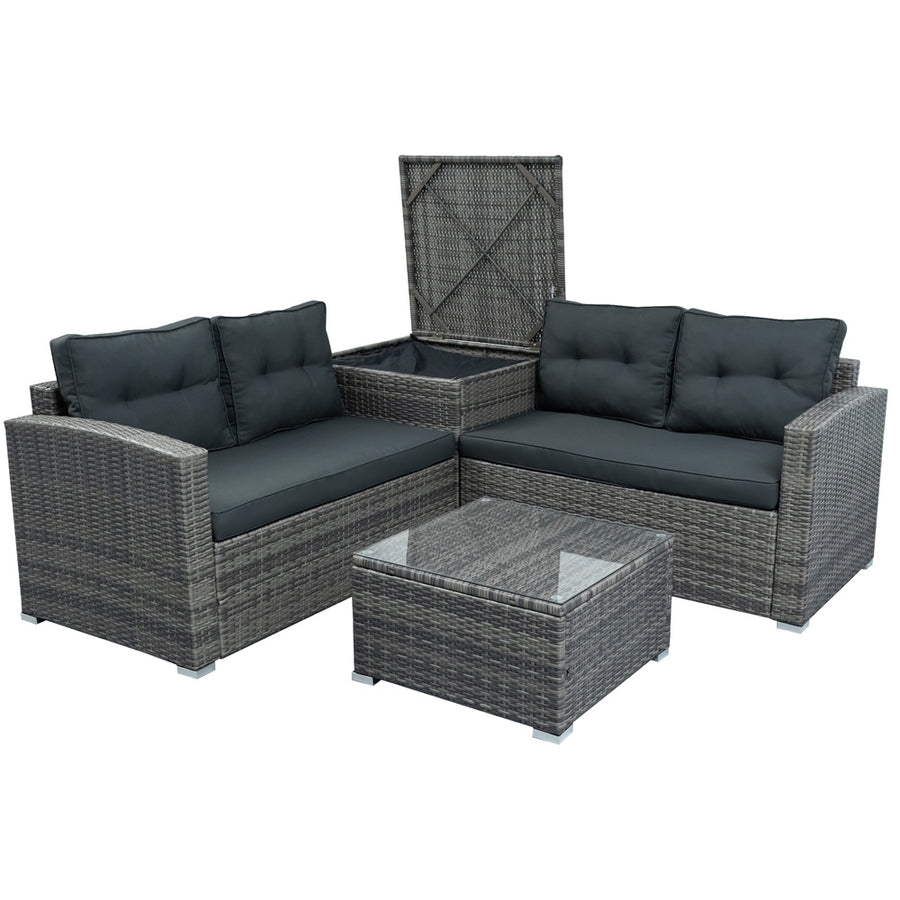 Patio Chat Set with Storage Box, 4 Piece Patio Wicker Furniture Set with Coffee Table, 2 Sofas, PE Rattan Outdoor Conversation Sectional Sofa Set with Gray Cushions for Backyard, Porch, Garden, L3579