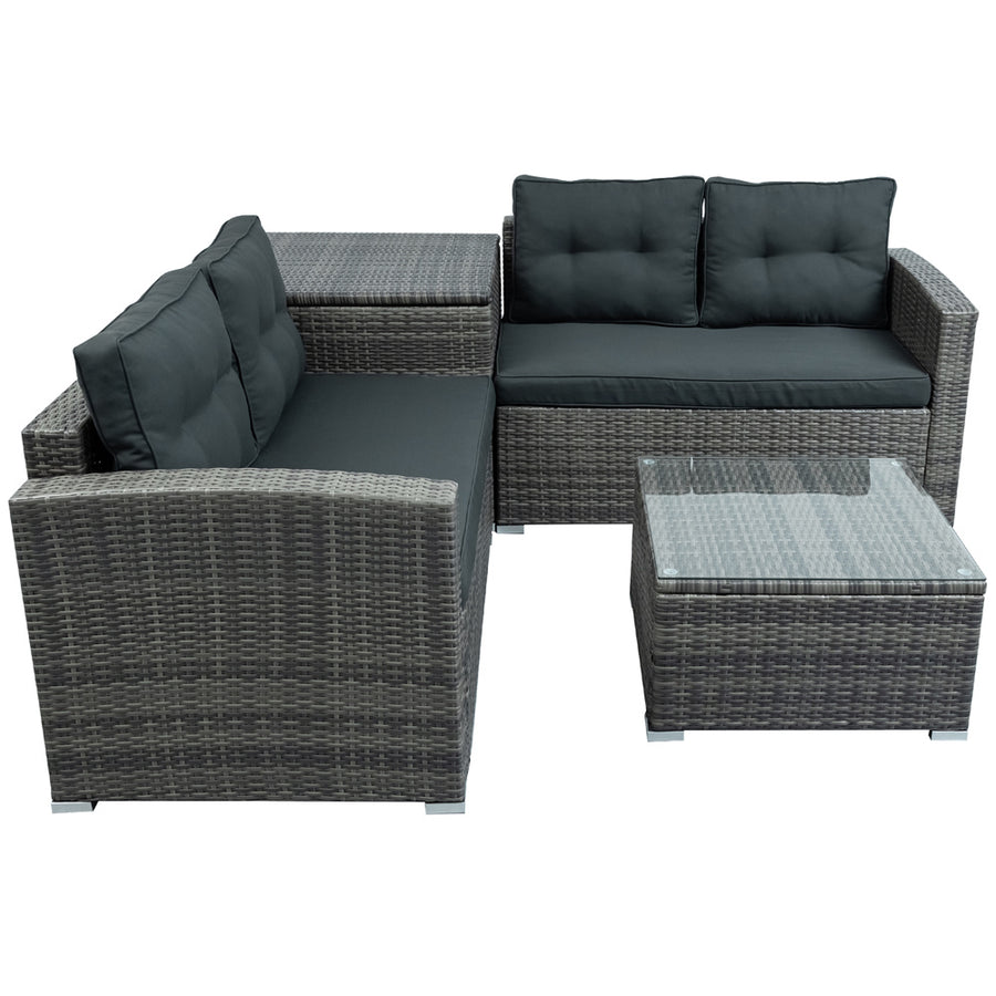 Patio Chat Set with Storage Box, 4 Piece Patio Wicker Furniture Set with Coffee Table, 2 Sofas, PE Rattan Outdoor Conversation Sectional Sofa Set with Gray Cushions for Backyard, Porch, Garden, L3579