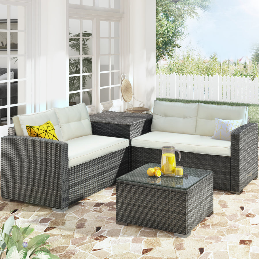 4 Piece Patio Furniture Set, All-Weather Outdoor Sectional Sofa Set, PE Rattan Conversation Set with Storage Box, Table & Cushions, Wicker Furniture Couch Set for Patio Deck Garden Poolside Yard, B862