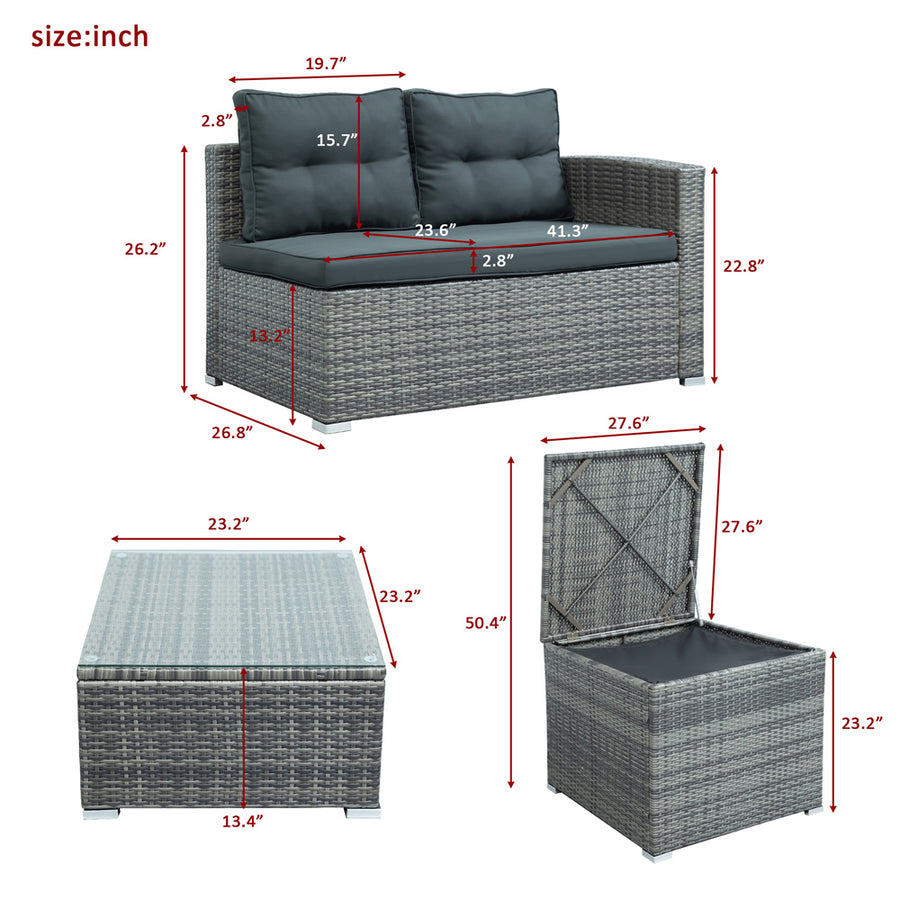 Patio Chat Set with Storage Box, 4 Piece Patio Wicker Furniture Set with Coffee Table, 2 Sofas, PE Rattan Outdoor Conversation Sectional Sofa Set with Gray Cushions for Backyard, Porch, Garden, L3579