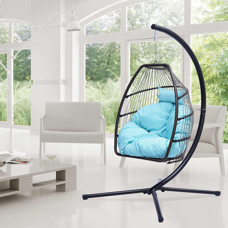 SEGMART Outdoor Hanging Egg Chair with Stand, Wicker Hanging Swing Chair with Steel Frame and UV Resistant Cushion, Hammock Basket Egg Chair, 250lbs Capacity for Indoor Outdoor Yard Balcony Patio