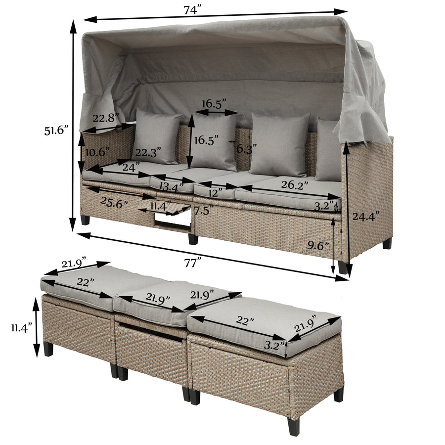 4 Piece Outdoor Daybed, PE Rattan Patio Daybed, Patio Sofa Set with Retractable Canopy, Cushions and Lifting Table, Patio Bed Furniture for Garden, Backyard, Patio, Pool, Deck, Brown, K4028