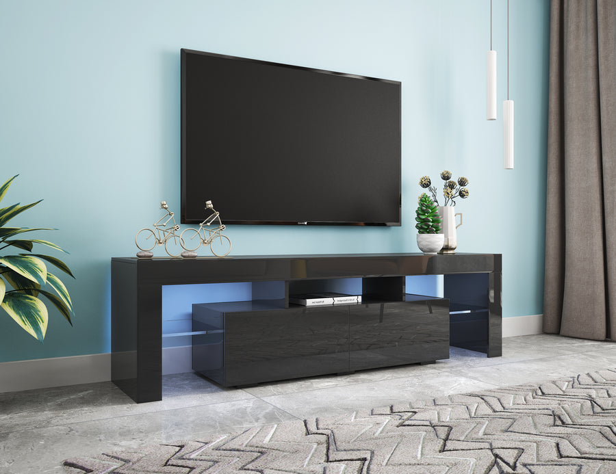 Segmart TV Stand for 70 inch TVs, Modern Black LED TV Stand with 16 Colors Light, TV Media Console High Gloss Entertainment Center with 2 Drawers and Open Shelves, Black, S9800
