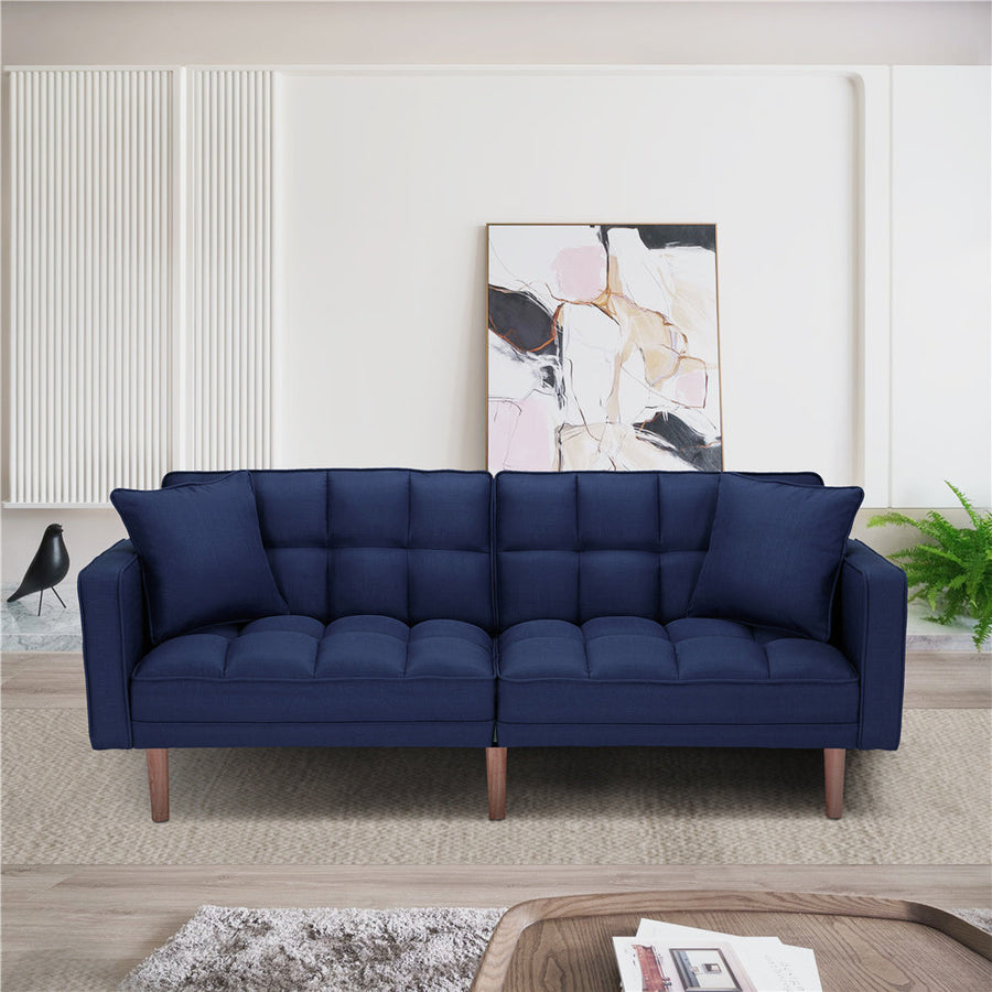 Futon Couch Bed, Fabric Futon Sofa Couch with Armrest, Modern Navy Blue Convertible Futon Sofa Bed Recliner Couch with Wood Legs, Two Pillows, Living Room Furniture Sofa for Small Spaces, L5171