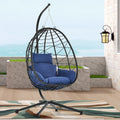 Wicker Egg Hanging Chair, Indoor Outdoor Swing Egg Chair with Stand, Cushion & Pillow, Hammock Chair Swing with Stand, Hanging Lounge Chair for Patio Backyard Balcony Garden Bedroom, K3057