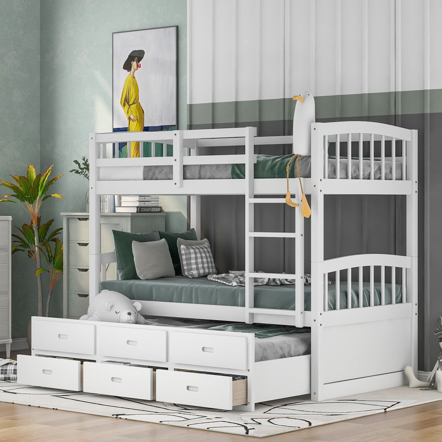 SEGMART Wood Twin Over Twin Bunk Beds with Trundle Bed, Twin Bunk Beds for Kids Adults Teens, Bunk Bed Can Be Divided Into 2 Twin Beds with Trundle, 4-Ladders, No Box Spring Need, White