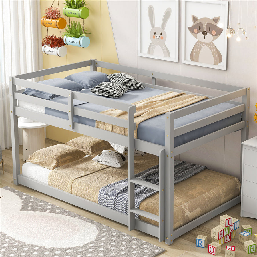 Twin over Twin Bunk Bed, SEGMART Wood Bunk Beds for Kids, Solid Bunk Bed Twin over Twin, Low Bunk Beds with Ladder/Rail, Space-Saving Bunk Beds for Small Rooms, No Box Spring Needed, Gray, H1401