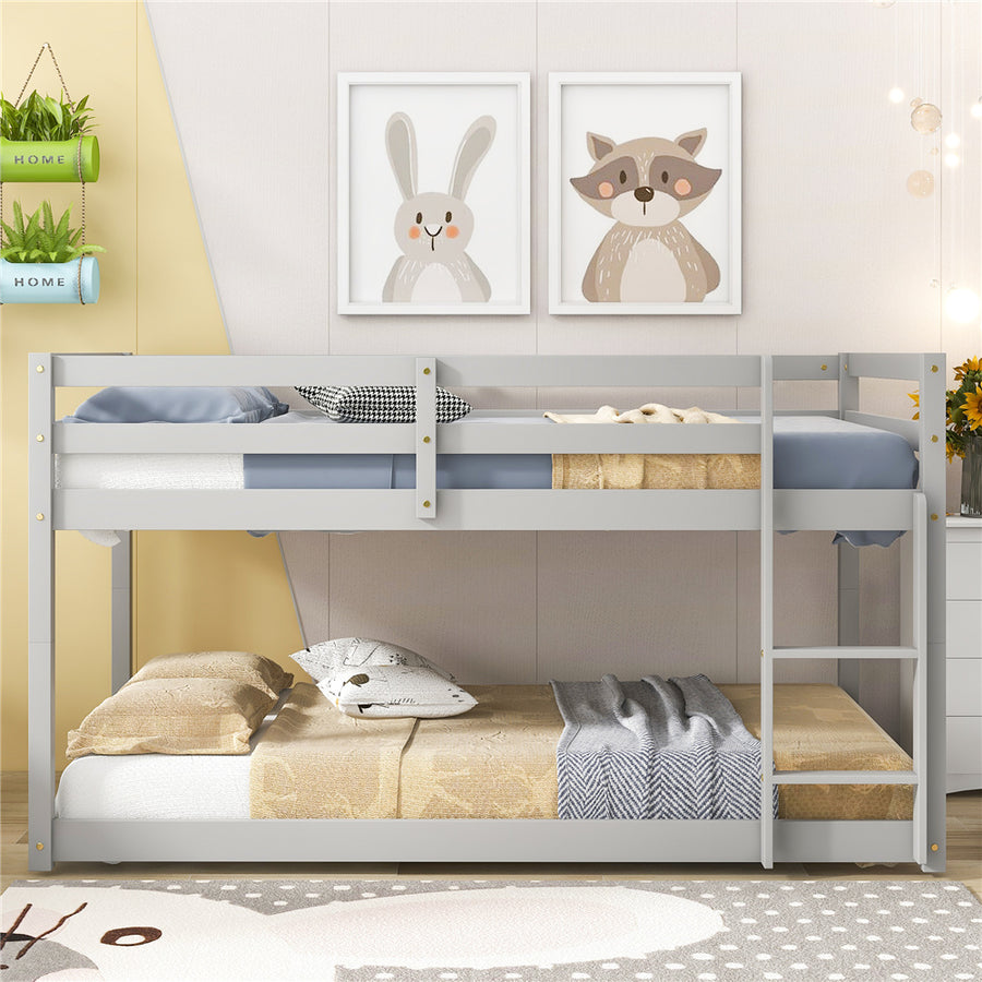Twin over Twin Bunk Bed, SEGMART Wood Bunk Beds for Kids, Solid Bunk Bed Twin over Twin, Low Bunk Beds with Ladder/Rail, Space-Saving Bunk Beds for Small Rooms, No Box Spring Needed, Gray, H1401