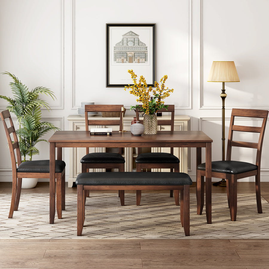 Home Kitchen Dining Set with Dinette Table, 4 Piece Chairs and Bench, Dinette Set Wood Rectangular Breakfast Table with Thick Legs & Distressed Finish, for Apartment Breakfast, Walnut, S12647