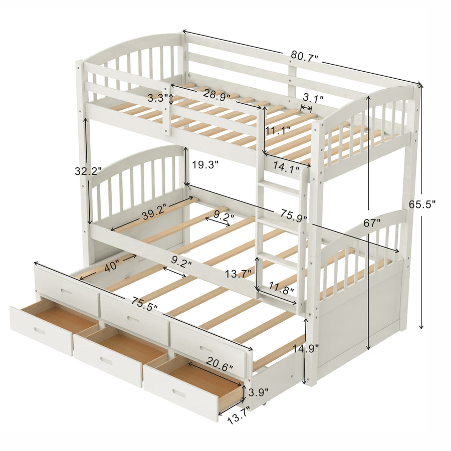 SEGMART Wood Twin Over Twin Bunk Beds with Trundle Bed, Twin Bunk Beds for Kids Adults Teens, Bunk Bed Can Be Divided Into 2 Twin Beds with Trundle, 4-Ladders, No Box Spring Need, White