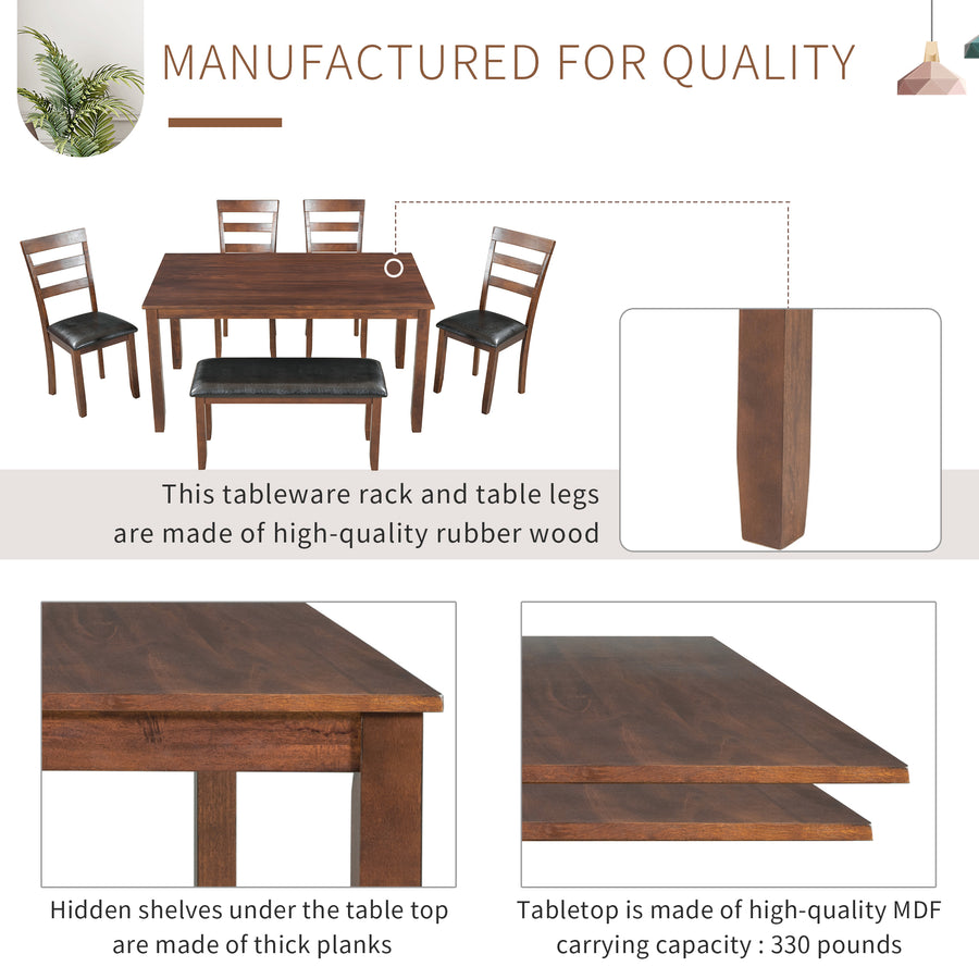 Home Kitchen Dining Set with Dinette Table, 4 Piece Chairs and Bench, Dinette Set Wood Rectangular Breakfast Table with Thick Legs & Distressed Finish, for Apartment Breakfast, Walnut, S12647