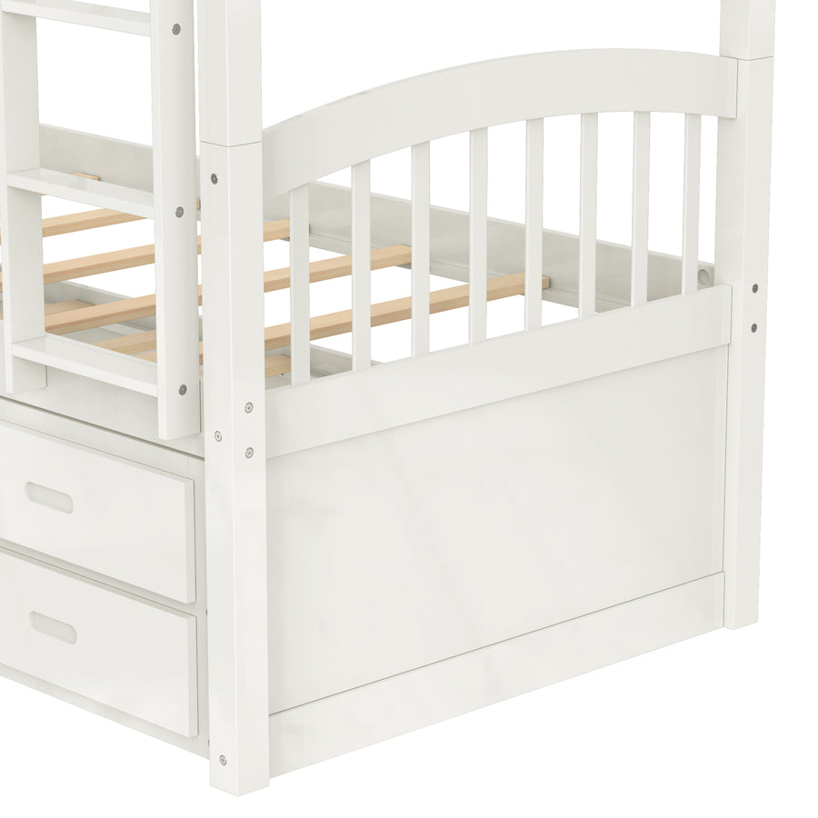 SEGMART Wood Twin Over Twin Bunk Beds with Trundle Bed, Twin Bunk Beds for Kids Adults Teens, Bunk Bed Can Be Divided Into 2 Twin Beds with Trundle, 4-Ladders, No Box Spring Need, White