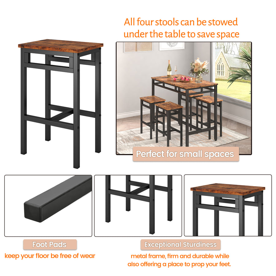 Counter Height Table Set of 5, Breakfast Bar Table and Stool Set, Minimalist Dining Table with Backless Stools, Wood Top Pub Table & Chair Set for Kitchen Apartment Bistro - Space Saving