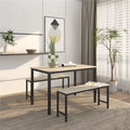 Dining Room Set for 4, 3 Pieces Farmhouse Kitchen Table Set with Two Benches, Small Dining Table Sets with Metal Frame and MDF Board, Beige Modern Dining Furniture Set for Home, Cafeteria, LL333