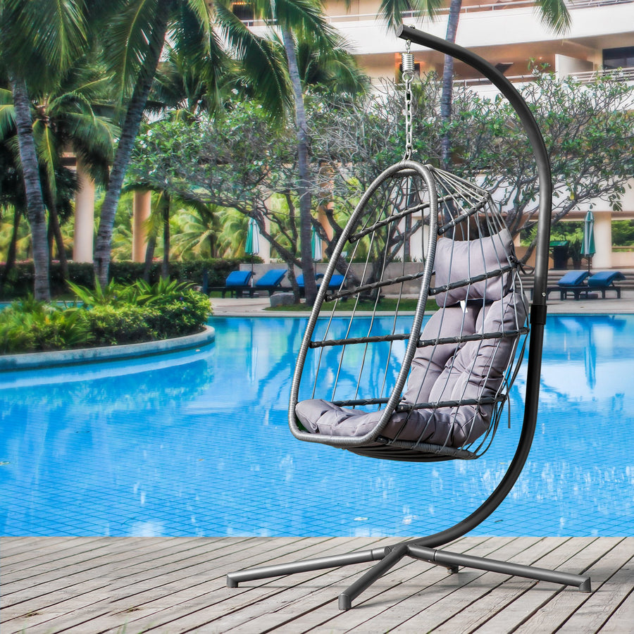 Outdoor Swinging Egg Chair, Patio Wicker Hanging Chairs with Stand, UV Resistant Hammock Chair with Comfortable Gray Cushion, Durable Indoor Swing Egg Chair for Garden, Backyard, 350lbs, L3958