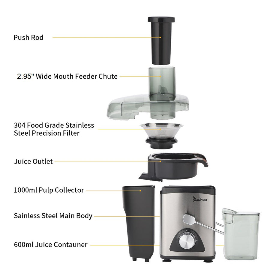 Vegetable Juicer Juice Extractor, SEGMART 600W Orange Juicer Cold Press Juicer Machine, 3 Speed Electric Juicer Wide Mouth, Fruit Juicer with Overheating Protection, Easy Clean, Stainless Steel, H1744