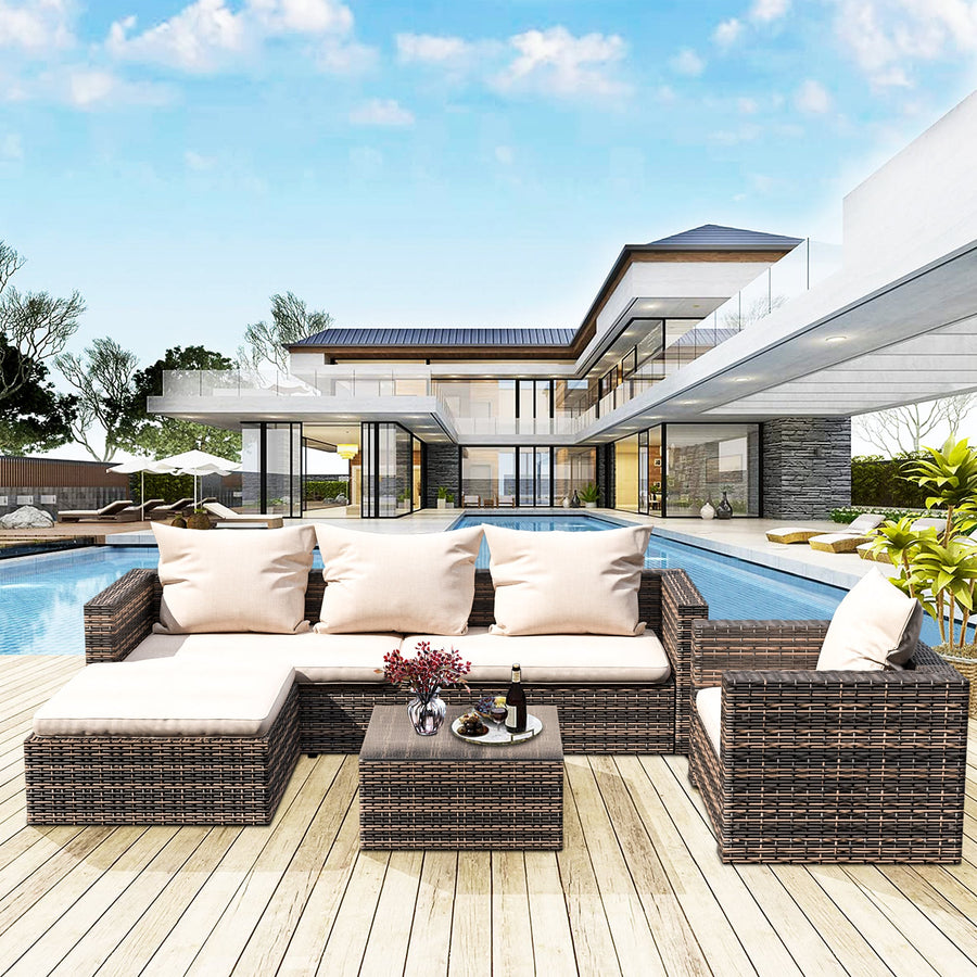 4 Piece Outdoor Patio Furniture Set with Wicker Chair, 3-Seat Sofa, Ottoman, Glass Table, All-Weather PE Rattan Patio Conversation Furniture Set for Backyard, Porch, Garden, Poolside, L4495