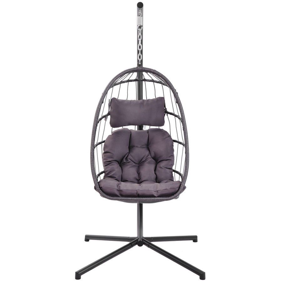 Wicker Hanging Egg Chair with Stand and Cushion, Outdoor Swing Egg-Shaped Chair w/Hanging Kits, Durable All-Weather UV Patio Rattan Lounge Chair for Bedroom, Patio, Deck, Yard, Garden, 350lbs, S422