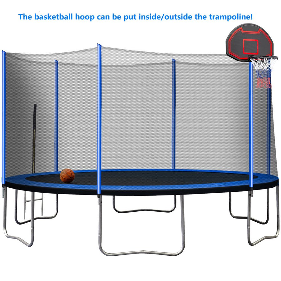Trampoline with Enclosure on Clearance, New Upgraded 14-Feet Kids Outdoor Trampoline with Basketball Hoop and Ladder, Heavy-Duty Round Trampoline for Indoor or Outdoor Backyard, Blue, Holds 264lbs, L