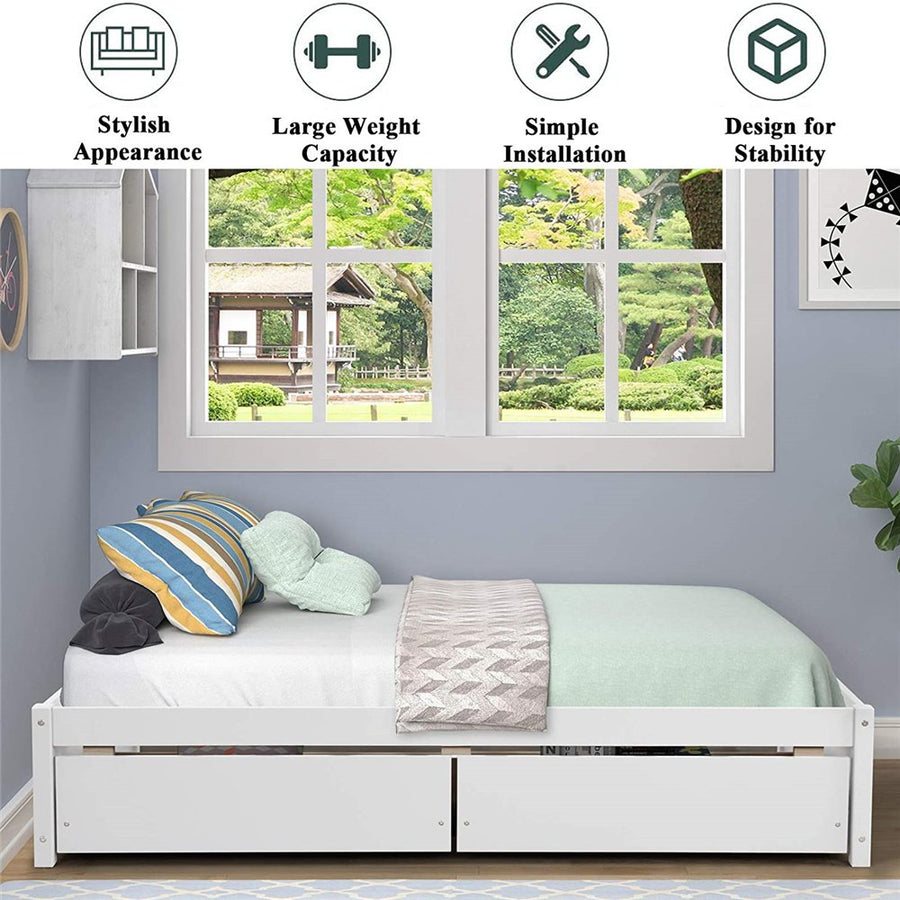Wood Twin Platform Bed Frame with Drawers for Girls Boys, Kids Twin Size Bed Frame with Storage, Wood Slat Support, No Box Spring Needed, White, H690
