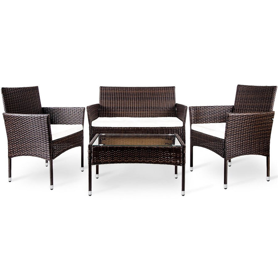 Wicker Patio Sets, 4 Piece Outdoor Conversation Set with Glass Dining Table, Loveseat & 2 Cushioned Chairs, Modern Patio Furniture Sets with Coffee Table for Yard, Porch, Garden, Poolside, L