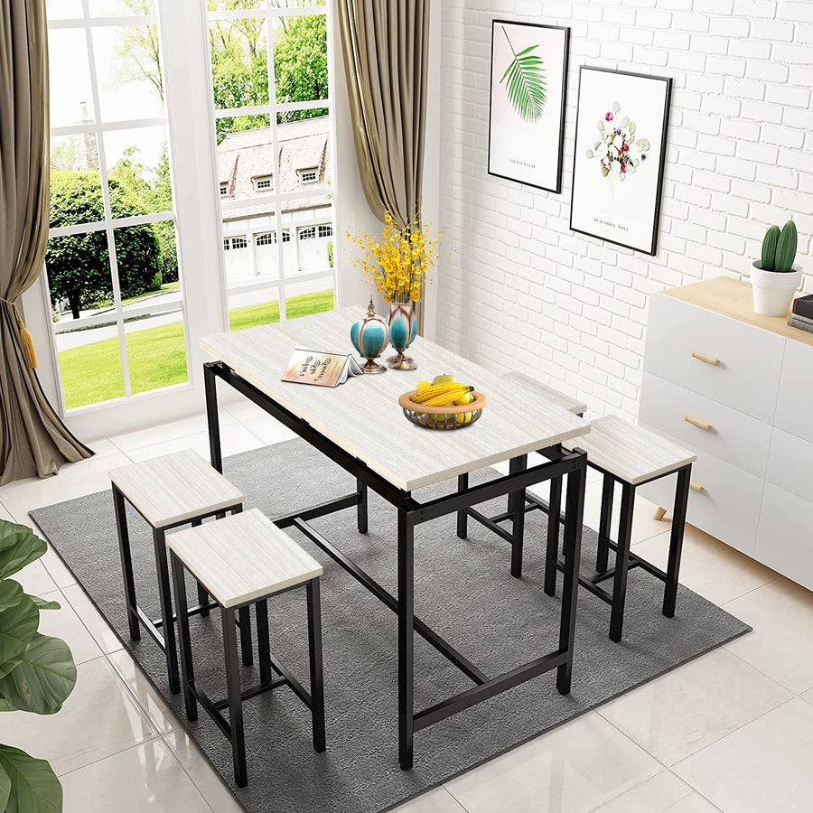 5 Piece Bar Table Set, Kitchen Counter Height Table with 4 Stools, Space Saving Pub Table Set for 4 Person with Metal Frame, Wood Dining Table & Chair Set for Breakfast Nook Pub Bistro