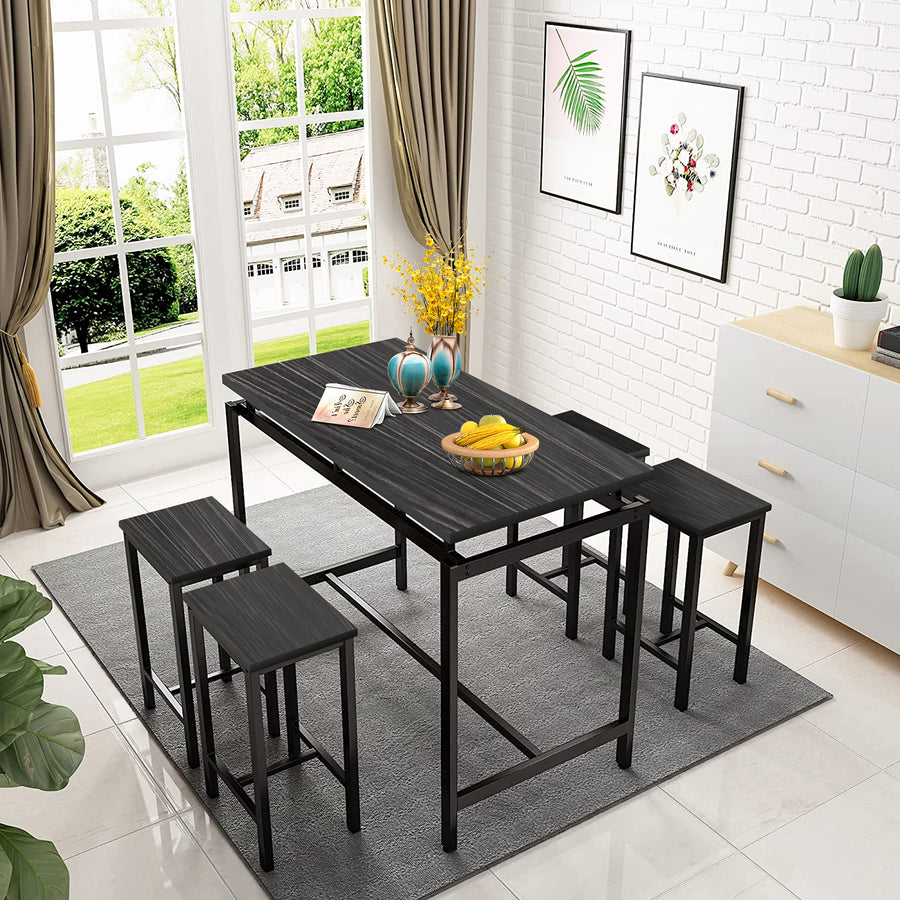5 Piece Bar Table Set, Kitchen Counter Height Table with 4 Stools, Space Saving Pub Table Set for 4 Person with Metal Frame, Wood Dining Table & Chair Set for Breakfast Nook Pub Bistro