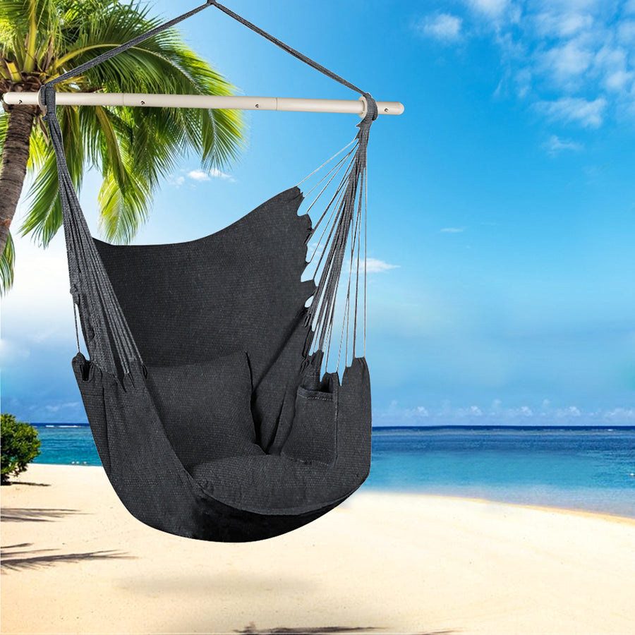 Hammock Chair Hanging Rope Swing, SEGAMRT Hammock Chair Swing Seat with Detachable Metal Support Bar & 2 Cushions, Large Hanging Swing Chair, Support up 330 lbs, for Indoor Bedroom or Tree, B05