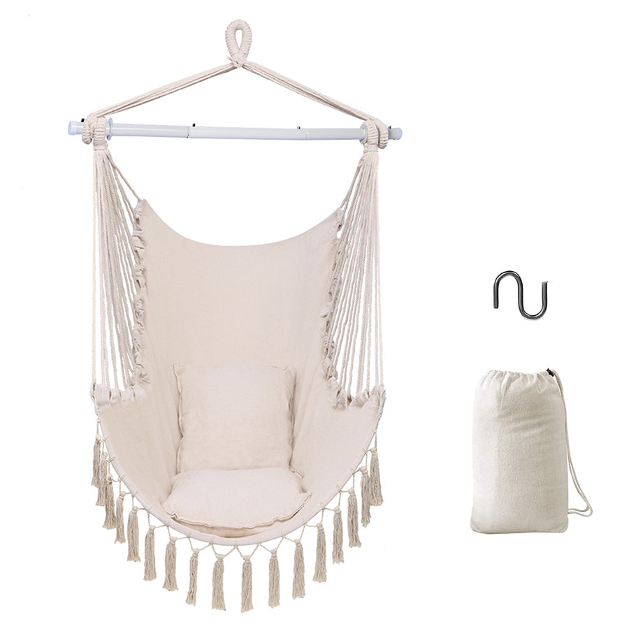 Macrame Hammock Chair Swing, Hanging Rope Swing for Patio, Porch, Bedroom, Backyard, Indoor or Tree, Hanging Rope Swing Seat with Detachable Metal Support Bar & 2 Cushions, Max. Weight 330 Lbs, B06