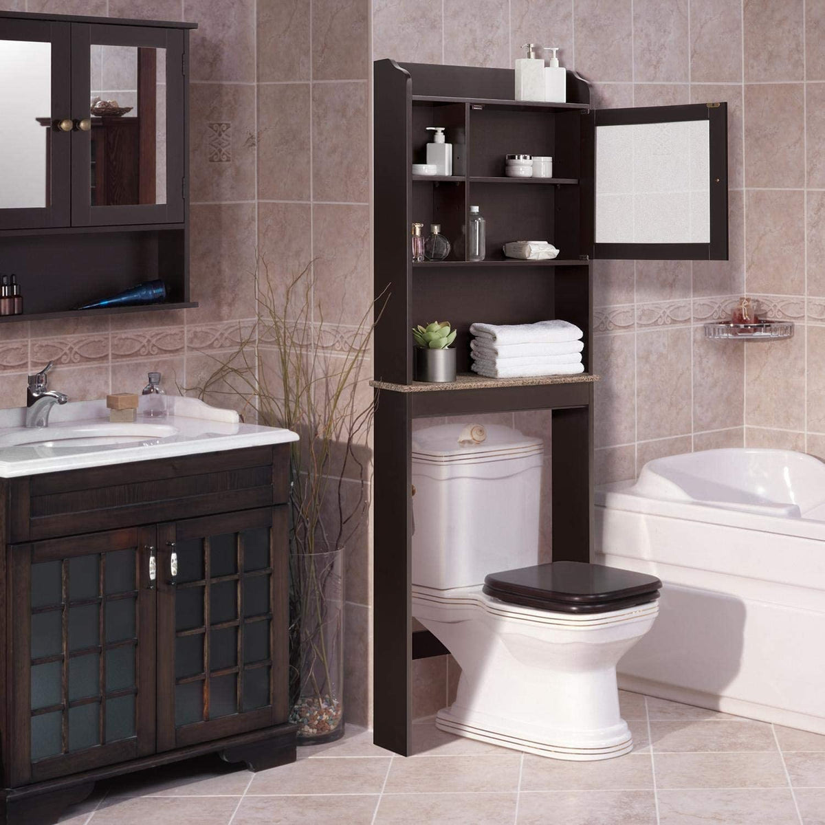 White bathroom deals cabinet above toilet