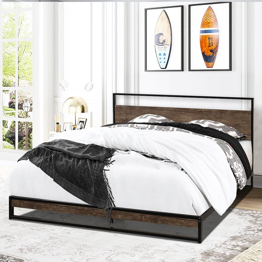 Metal Platform Bed Frame, SEGMART Queen Size Bed Frame with Headboard, Metal Bed Frame with Wood Slat Support, Queen Size Bed for Adults Teens Kids, Queen Bed Frame No Box Spring Needed, L