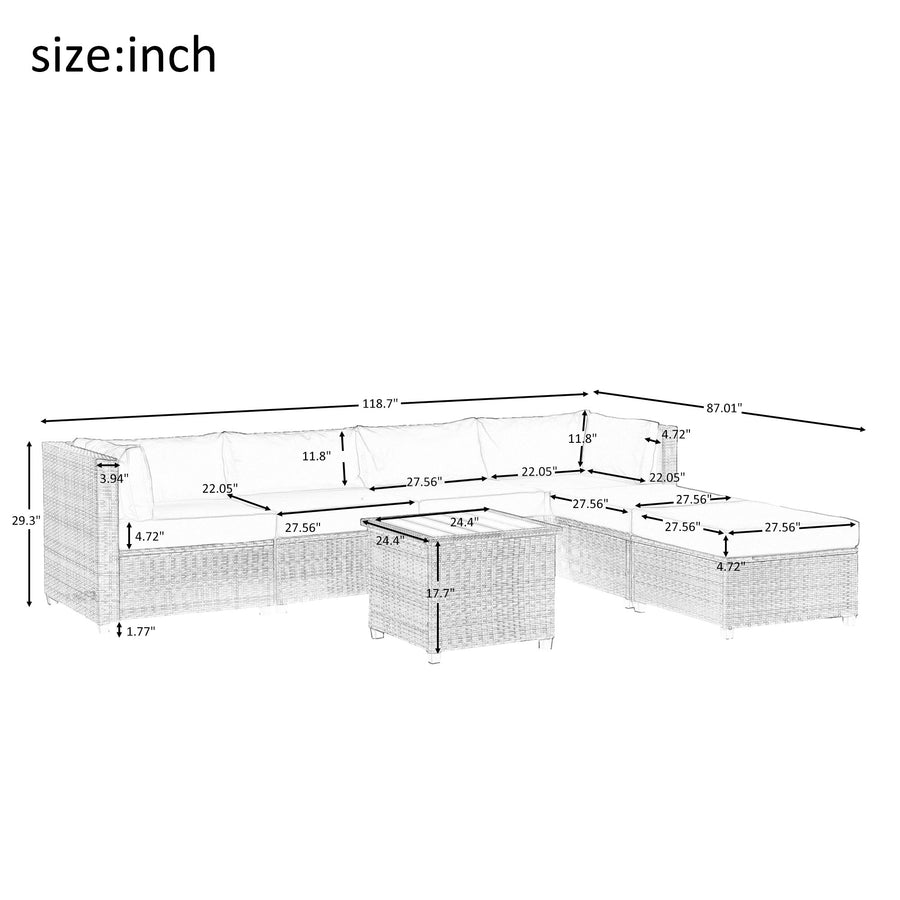 7 Piece Patio Sectional Sofa Set with 4 Rattan Wicker Chairs, 2 Ottoman, Coffee Table, All-Weather Outdoor Conversation Set with Gray Cushions for Backyard, Porch, Garden, Poolside, L5018